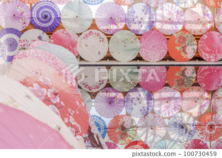Herb garden's colorful "Umbrella Sky", Inawashiro Town, Fukushima Prefecture 100730459