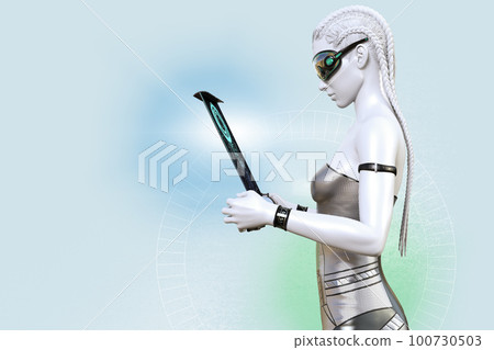 A futuristic AI android is looking at a tablet screen 100730503