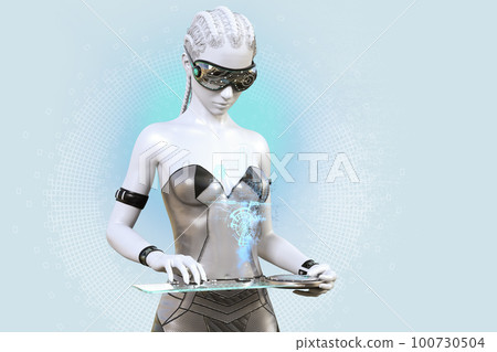 A futuristic AI android is operating a keyboard 100730504