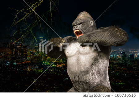 A gorilla drums and intimidates against the background of the big city at night 100730510