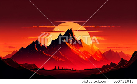 a mountain peaks at sunset with a fiery red and orange sky as the backdrop, casting long shadows across the landscape, Generative AI, Illustration a mountain peaks at sunset with a fiery red and orange sky as the backdrop, casting long shadows across the landscape, Generative AI, Illustration 100731013