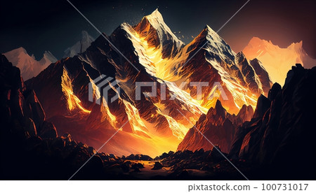 a mountain peaks at sunrise with a golden glow illuminating the mountain peaks and surrounding landscape, Generative AI, Illustration a mountain peaks at sunrise with a golden glow illuminating the mountain peaks and surrounding landscape, Generative AI, Illustration 100731017