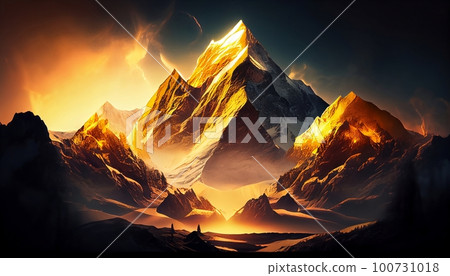 a mountain peaks at sunrise with a golden glow illuminating the mountain peaks and surrounding landscape, Generative AI, Illustration a mountain peaks at sunrise with a golden glow illuminating the mountain peaks and surrounding landscape, Generative AI, Illustration 100731018