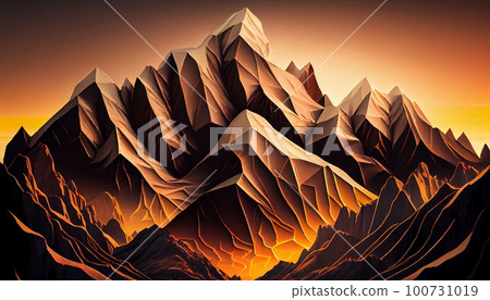 a mountain peaks at sunrise with a golden glow illuminating the mountain peaks and surrounding landscape, Generative AI, Illustration a mountain peaks at sunrise with a golden glow illuminating the mountain peaks and surrounding landscape, Generative AI, Illustration 100731019
