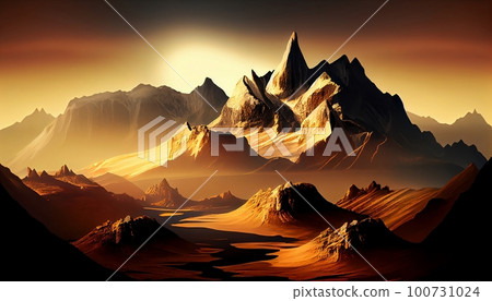 a mountain peaks at sunrise with a golden glow illuminating the mountain peaks and surrounding landscape, Generative AI, Illustration 100731024