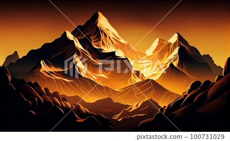 a mountain peaks at sunrise with a golden glow illuminating the mountain peaks and surrounding landscape, Generative AI, Illustration a mountain peaks at sunrise with a golden glow illuminating the mountain peaks and surrounding landscape, Generative AI, Illustration 100731029