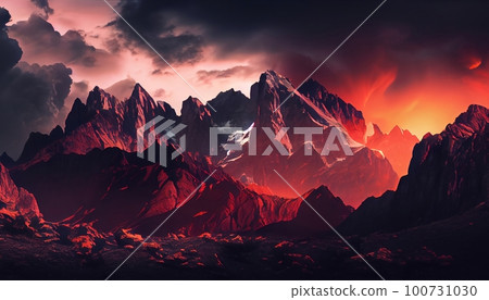 a mountain range at sunset with clouds surrounding the peaks, creating a dramatic and moody effect, Generative AI, Illustration 100731030
