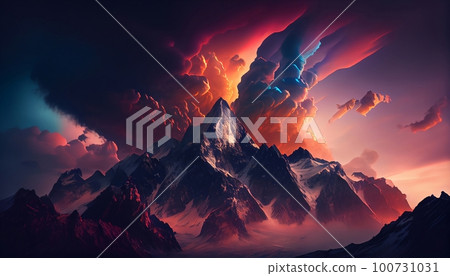 a mountain range at sunset with clouds surrounding the peaks, creating a dramatic and moody effect, Generative AI, Illustration a mountain range at sunset with clouds surrounding the peaks, creating a dramatic and moody effect, Generative AI, Illustration 100731031