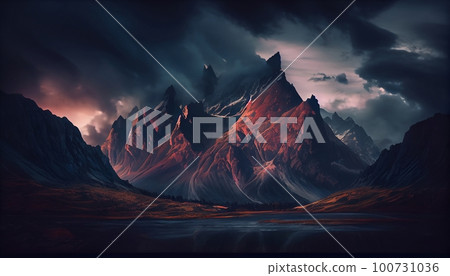 a mountain range at sunset with clouds surrounding the peaks, creating a dramatic and moody effect, Generative AI, Illustration a mountain range at sunset with clouds surrounding the peaks, creating a dramatic and moody effect, Generative AI, Illustration 100731036