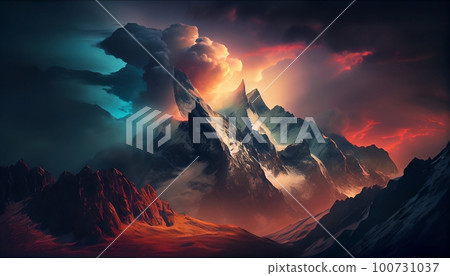 a mountain range at sunset with clouds surrounding the peaks, creating a dramatic and moody effect, Generative AI, Illustration a mountain range at sunset with clouds surrounding the peaks, creating a dramatic and moody effect, Generative AI, Illustration 100731037