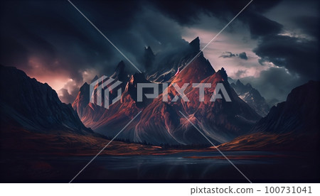 a mountain range at sunset with clouds surrounding the peaks, creating a dramatic and moody effect, Generative AI, Illustration a mountain range at sunset with clouds surrounding the peaks, creating a dramatic and moody effect, Generative AI, Illustration 100731041