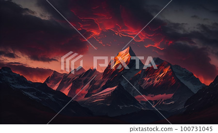 a mountain range at sunset with clouds surrounding the peaks, creating a dramatic and moody effect, Generative AI, Illustration 100731045