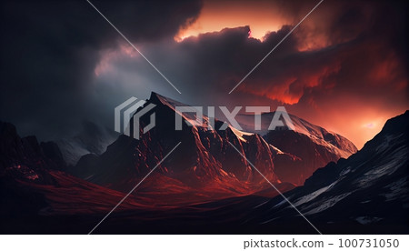 a mountain range at sunset with clouds surrounding the peaks, creating a dramatic and moody effect, Generative AI, Illustration a mountain range at sunset with clouds surrounding the peaks, creating a dramatic and moody effect, Generative AI, Illustration 100731050