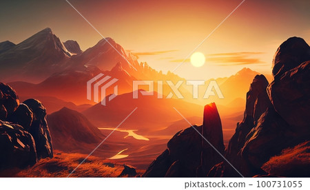 a mountain range at sunrise with the sun peeking over the horizon, casting a warm and inviting light over the landscape, Generative AI, Illustration a mountain range at sunrise with the sun peeking over the horizon, casting a warm and inviting light over the landscape, Generative AI, Illustration 100731055