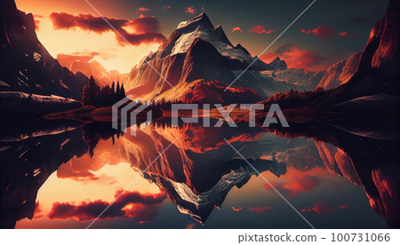 a mountain landscape at sunset with a reflection of the sun's rays on a nearby body of water, adding a stunning and unique perspective, Generative AI, Illustration a mountain landscape at sunset with a reflection of the sun's rays on a nearby body of water, adding a stunning and unique perspective, Generative AI, Illustration 100731066