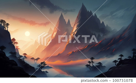 a mountain landscape at sunrise with a low lying fog, creating an ethereal and mystical atmosphere, Generative AI, Illustration a mountain landscape at sunrise with a low lying fog, creating an ethereal and mystical atmosphere, Generative AI, Illustration 100731078