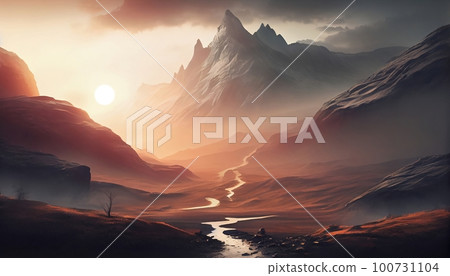a mountain landscape at sunrise with a low lying fog, creating an ethereal and mystical atmosphere, Generative AI, Illustration a mountain landscape at sunrise with a low lying fog, creating an ethereal and mystical atmosphere, Generative AI, Illustration 100731104
