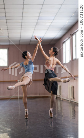 Two Asian ballerinas are dancing in the class.  100731120