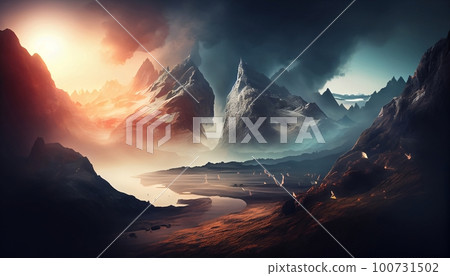 a mountain landscape at sunrise with a low lying fog, creating an ethereal and mystical atmosphere, Generative AI, Illustration a mountain landscape at sunrise with a low lying fog, creating an ethereal and mystical atmosphere, Generative AI, Illustration 100731502