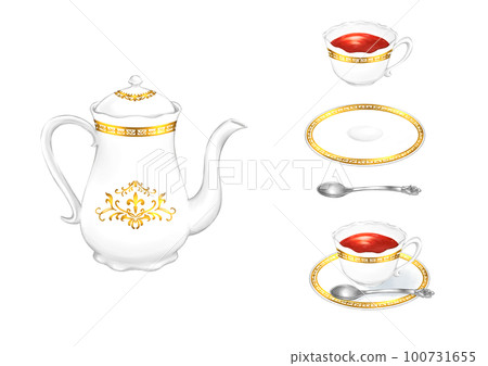 古董金色圖案茶壺和茶 100731655