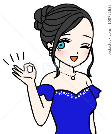 Hostesses in blue dress showing OK sign Hostesses in blue dress showing OK sign 100731685