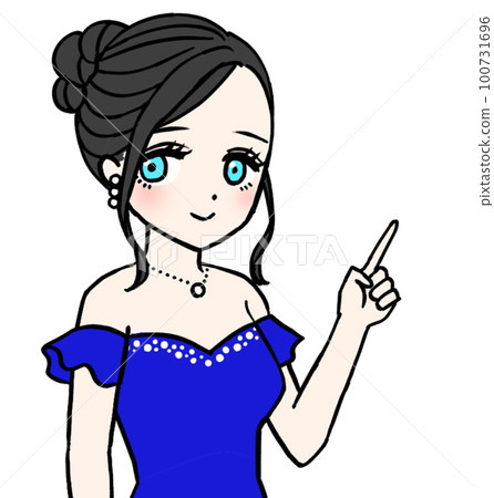 Hostesses in blue dress pointing 100731696