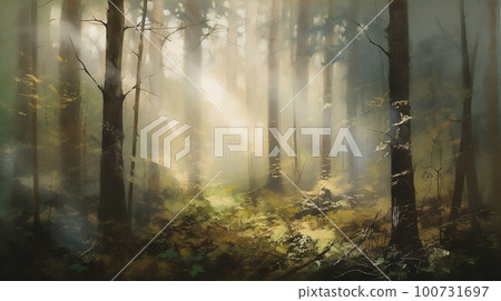 "Ethereal Dreams": a painting of a misty forest, evoking a sense of wonder and ethereal beauty, Generative AI, Illustration 100731697