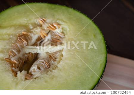Ripe sweet cantaloupe. Section cut in half. 100732494