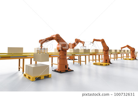 Automation factory or cargo with robot arms and warehouse robots Automation factory or cargo with robot arms and warehouse robots 100732631