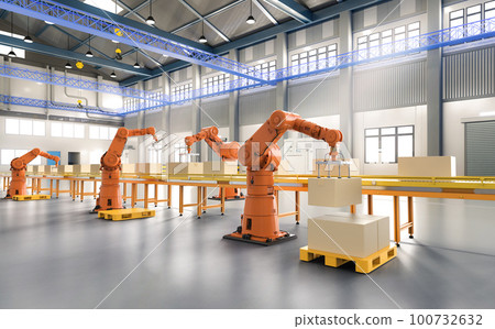 Automation factory or cargo with robot arms and warehouse robots Automation factory or cargo with robot arms and warehouse robots 100732632