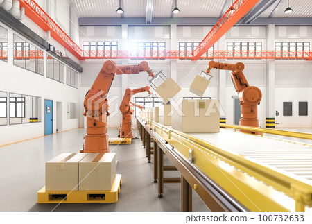 Automation factory or cargo with robot arms and warehouse robots Automation factory or cargo with robot arms and warehouse robots 100732633