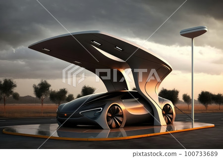 aerodynamic electric car charging up its battery at sleek, futuristic charging station, created with generative ai aerodynamic electric car charging up its battery at sleek, futuristic charging station, created with generative ai 100733689