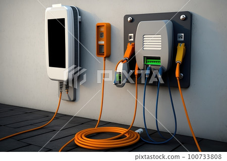 electric car charging station, with multiple cables and cars in various stages of charging, created with generative ai 100733808