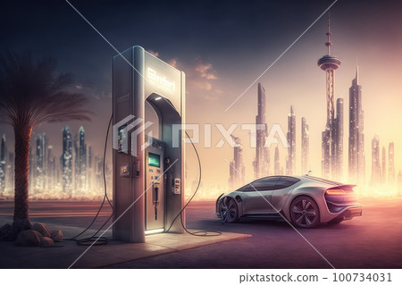 electric car charging station, with view of futuristic cityscape, created with generative ai 100734031