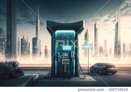 electric car charging station, with view of futuristic cityscape, created with generative ai 100734038