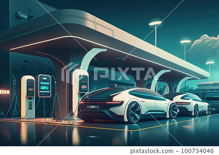 electric car charging station at futuristic parking lot, with sleek vehicles and futuristic architecture in the background, created with generative ai 100734046