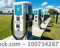 electric car charging station with multiple chargers, catering to drivers with various vehicles, generative ai 100734287