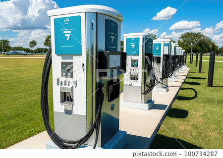 electric car charging station with multiple chargers, catering to drivers with various vehicles, generative ai 100734287