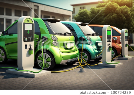 electric car charging station with multiple cars plugged in, forming a mini-charging bazaar, created with generative ai electric car charging station with multiple cars plugged in, forming a mini-charging bazaar, created with generative ai 100734289
