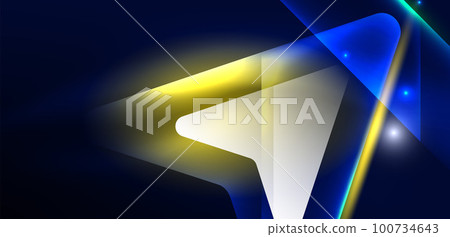 Neon speed arrow and line shapes background. Hi-tech concept with shiny backdrop. Bright flare light effect in the dark Neon speed arrow and line shapes background. Hi-tech concept with shiny backdrop. Bright flare light effect in the dark 100734643