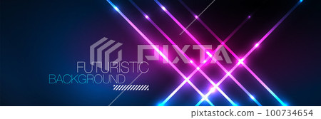 Shiny neon lights, dark abstract background with blurred magic neon light curved lines Shiny neon lights, dark abstract background with blurred magic neon light curved lines 100734654