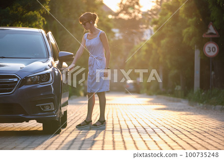 Young woman driver getting inside her car. Transportation and traffic concept. Young woman driver getting inside her car. Transportation and traffic concept. 100735248