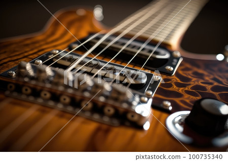 close-up of electric guitar, with metal strings and wood in focus, created with generative ai 100735340