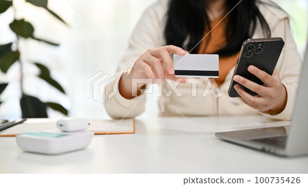 Cropped image of an Asian woman holding her phone and credit card Cropped image of an Asian woman holding her phone and credit card 100735426