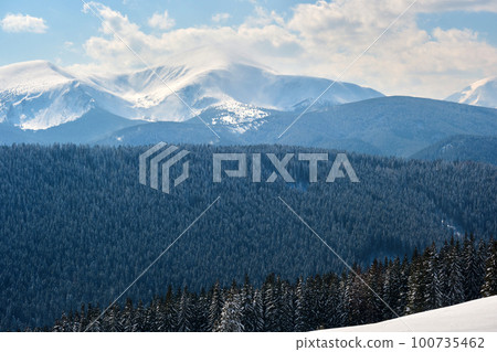 Winter landscape with high mountain hills covered with evergreen pine forest after heavy snowfall on cold wintry day. Winter landscape with high mountain hills covered with evergreen pine forest after heavy snowfall on cold wintry day. 100735462