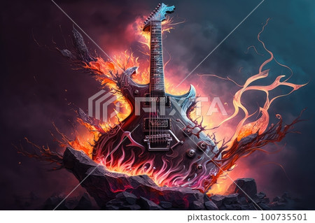 electric guitar, with smoke and flames, in hellish landscape, created with generative ai 100735501