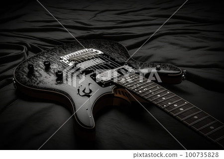electric guitar sitting on black background, ready to play, created with generative ai 100735828