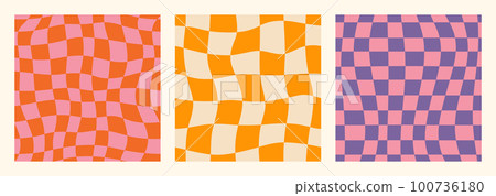 Groovy Checkerboard Seamless Patterns Set. Psychedelic Abstract Grid Background in 1970s Retro Style 100736180