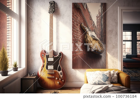 electric guitar, hanging on the wall of vintage-style apartment, created with generative ai 100736184