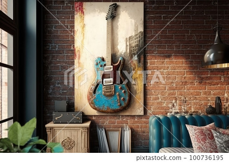 electric guitar, hanging on the wall of vintage-style apartment, created with generative ai 100736195